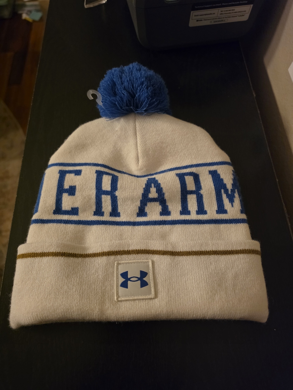 Under Armour White Knit Beanie with Blue Pom Pom